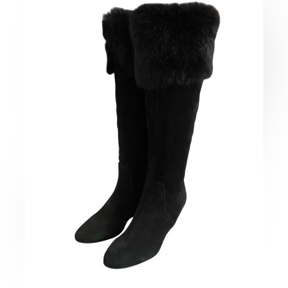 Black Faux Fur Trim Suede Knee-High Heeled Boots